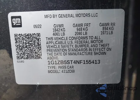 2022 Chevrolet Malibu Fwd Ls из США, поврежденный, VIN 1G1ZB5ST4NF155413